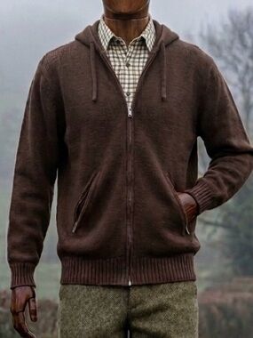 Crafted in the U.K. Vintage St Michael Brown Knit Zipper Hoodie Sweater Coat - M